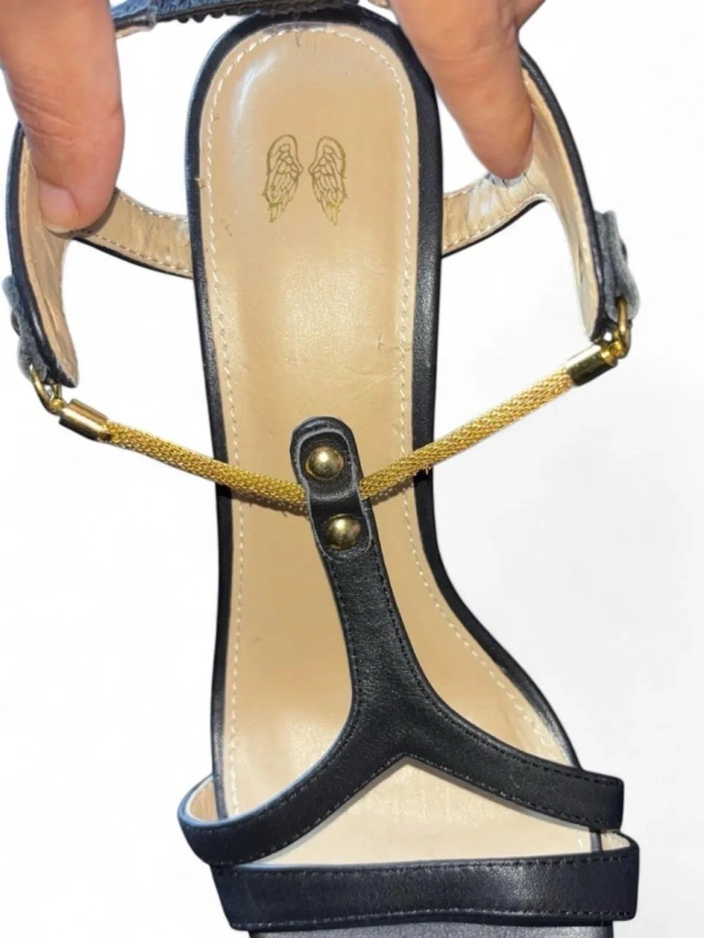 Victoria’s Secret Women's Black T-Strap Heels with Gold Chain Detail